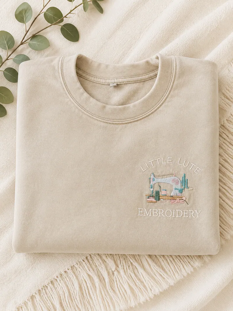 Cream sweatshirt embroidered with the Little Lute Studio logo